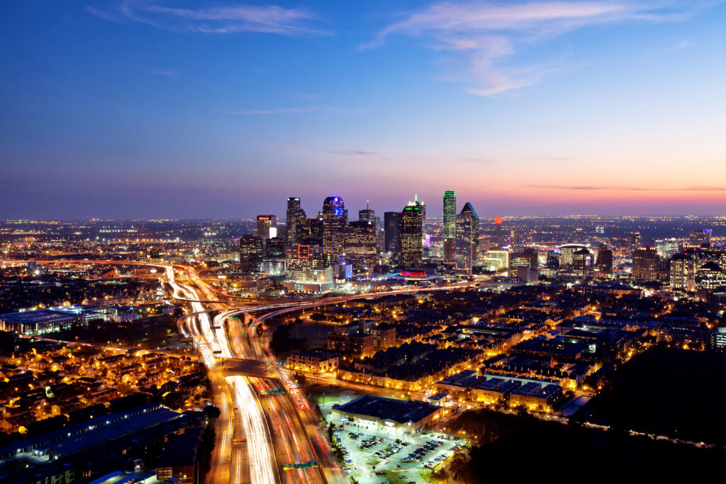 Downtown Dallas skyline at dusck